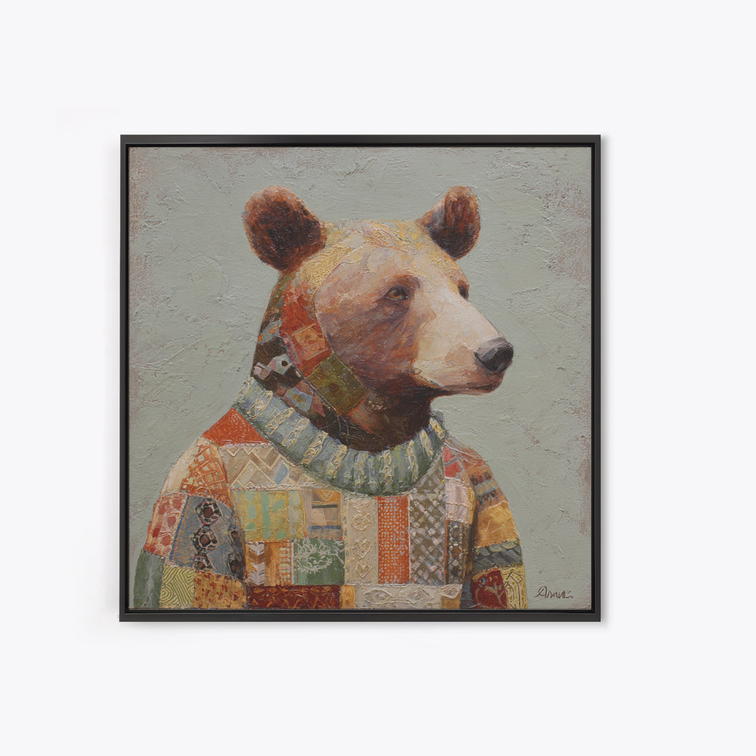 Whimsical Bear in a Patterned Sweater with Canvas Print, Animal Art, Modern Wall Art, Living Room Decor, Fine Art, Creature, ANI-1x1-50