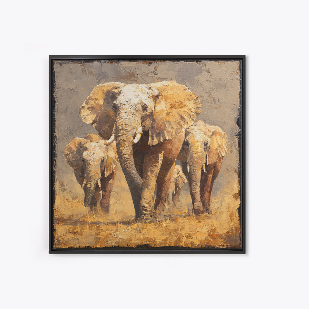 Elephant Family Walking Through Dusty Golden Light Canvas Print, Animal Art, Safari Nursery Decor, Living Room Decor, Creature, ANI-1x1-62