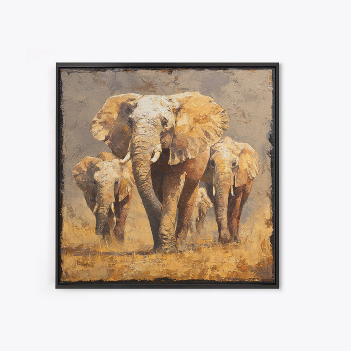 Elephant Family Walking Through Dusty Golden Light Canvas Print, Animal Art, Safari Nursery Decor, Living Room Decor, Creature, ANI-1x1-62