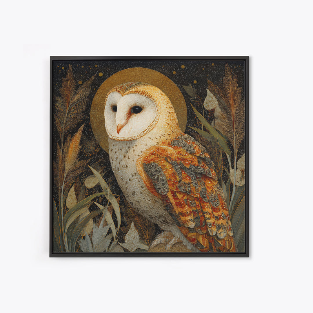 Owl with Moonlit Feathers and Celestial Accents Framed Canvas Print, Animal Art, Downloadable Art, Living Room Decor, Creature, ANI-1x1-63