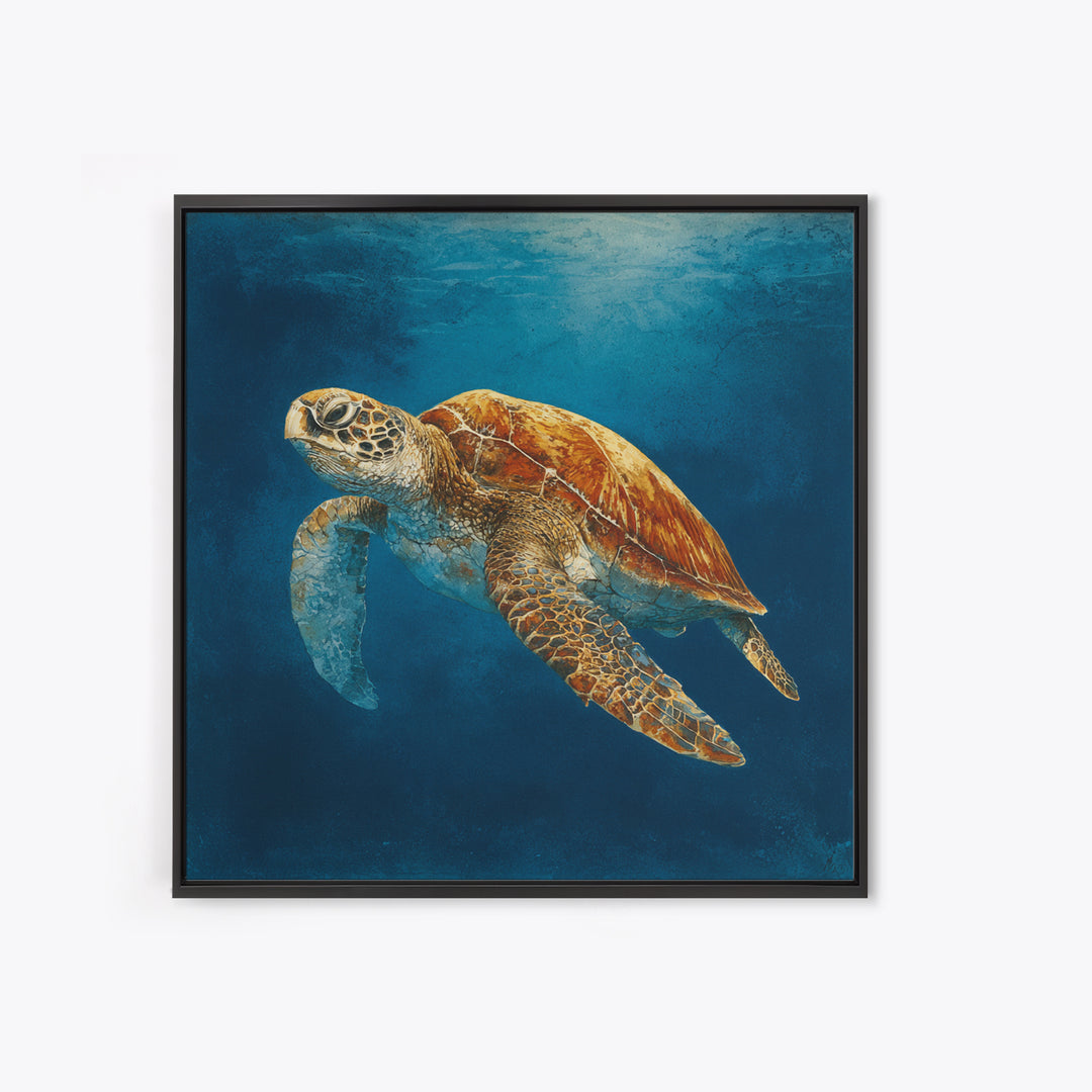 Sea Turtle Drifting Through Luminous Blue Water Canvas Print, Animal Art, Boho Wall Art, Living Room Decor, Creature, ANI-1x1-66