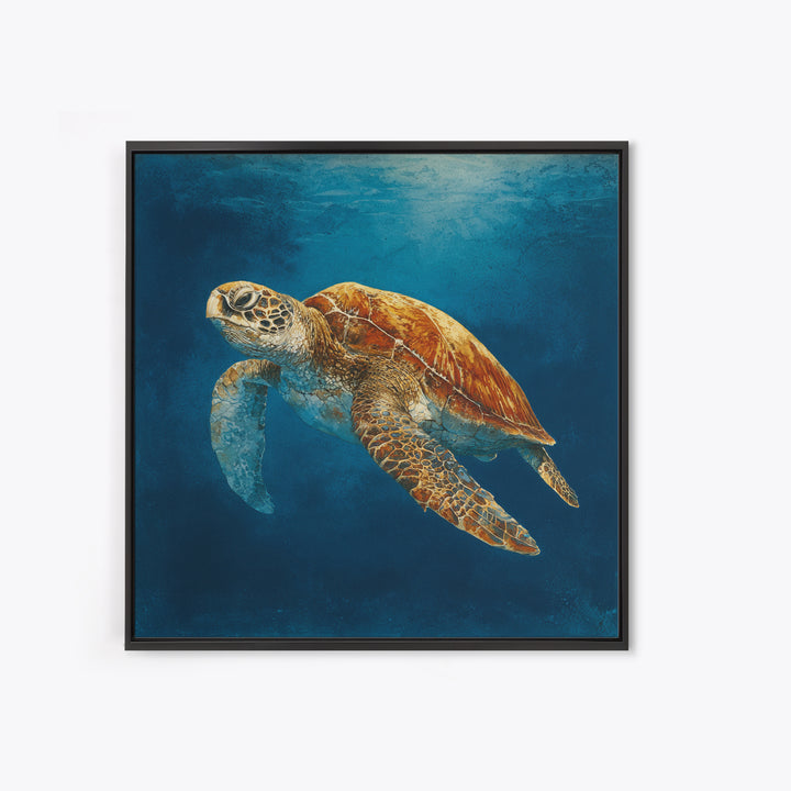 Sea Turtle Drifting Through Luminous Blue Water Canvas Print, Animal Art, Boho Wall Art, Living Room Decor, Creature, ANI-1x1-66