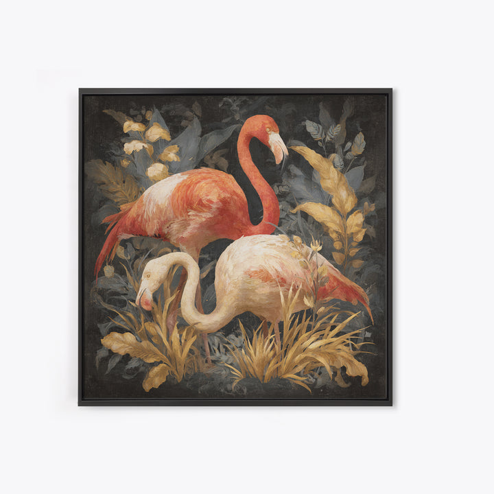 Flamingo Pair in Elegant Coral and Cream Framed Canvas Print, Animal Art, Gallery Decor, Living Room Decor, Fine Art, Creature, ANI-1x1-67