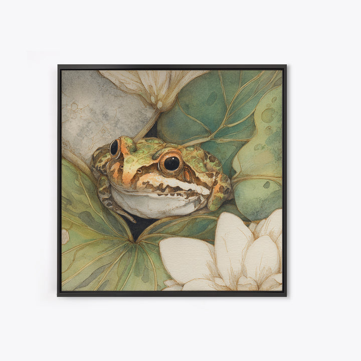 Frog on a Lotus Leaf Framed Canvas Print, Animal Art, Boho Wall Art, Living Room Decor, Oil Painting, Creature, ANI-1x1-68