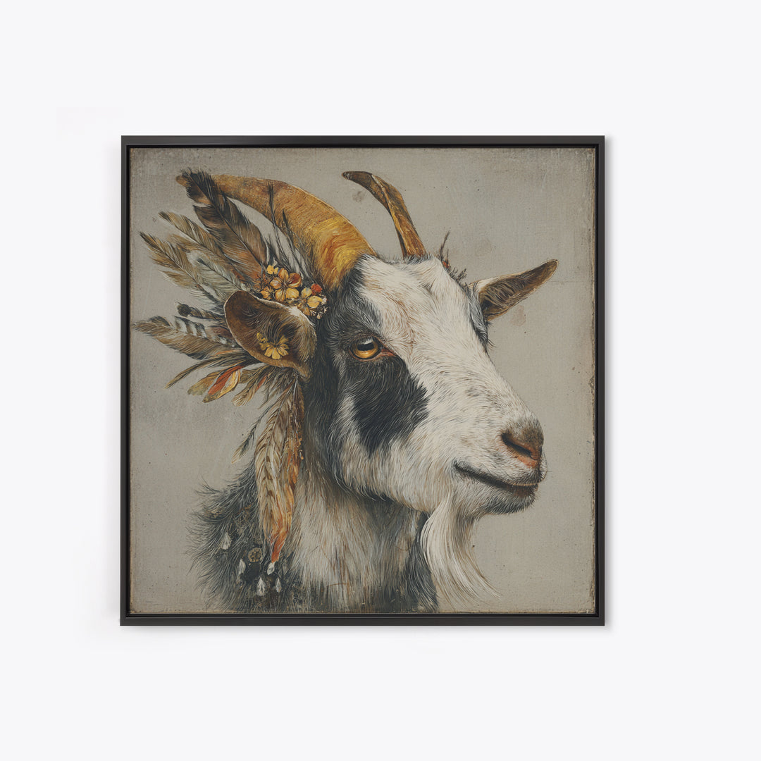 Goat Portrait with Rustic Folk Art Personality Canvas Print, Animal Art, Neutral Decor, Living Room Decor, Fine Art, Creature, ANI-1x1-69