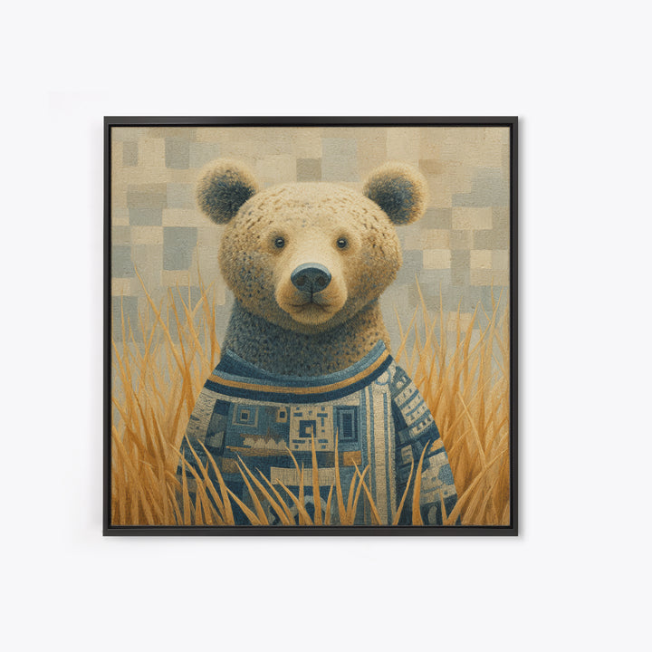 Whimsical Bear in a Patterned Sweater with Framed Canvas Print, Animal Art, Downloadable Art, Living Room Decor, Creature, ANI-1x1-74
