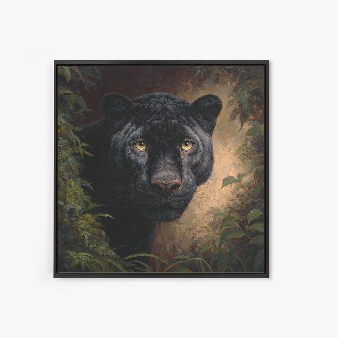 Dramatic Black Panther Emerging from Deep Jungle Framed Canvas Print, Animal Art, Gallery Decor, Living Room Decor, Creature, ANI-1x1-78