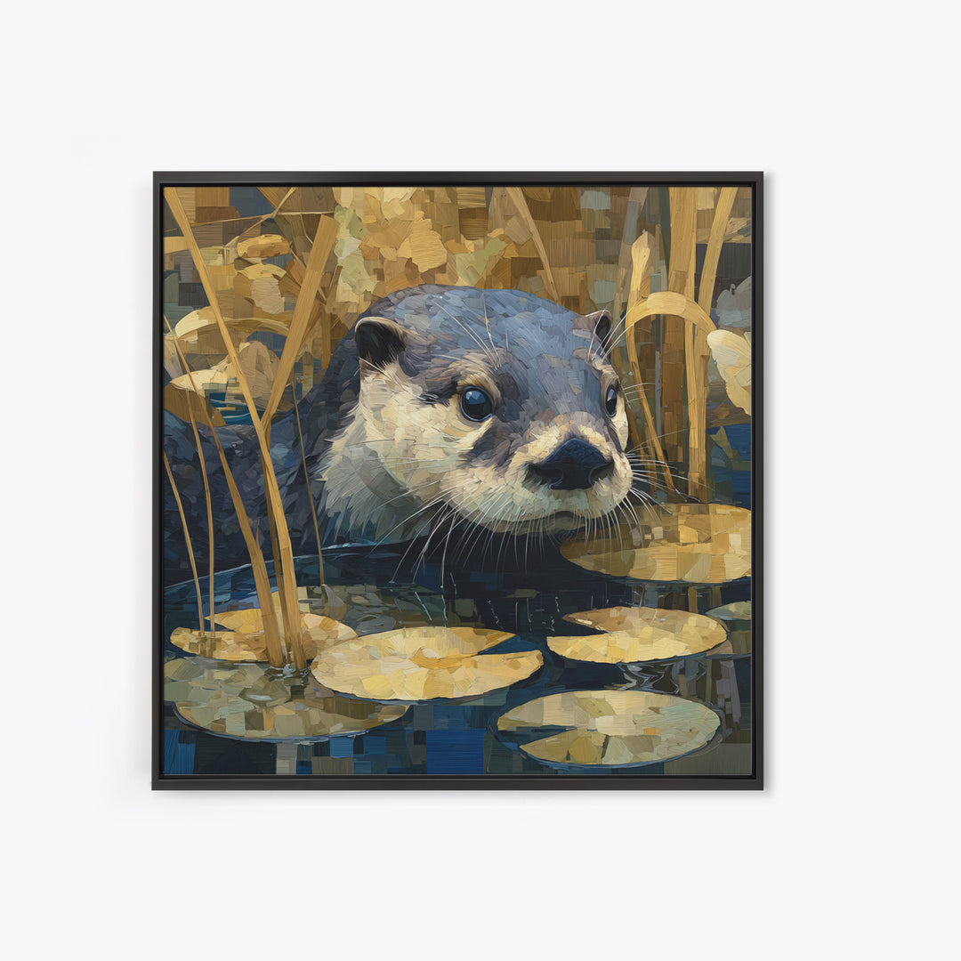 Playful Otter Floating Among Lily Pads Framed Canvas Print, Animal Art, Printable, Living Room Decor, Fine Art, Creature, ANI-1x1-8