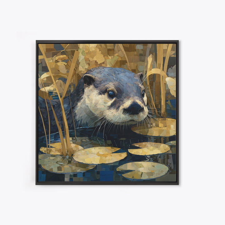 Playful Otter Floating Among Lily Pads Framed Canvas Print, Animal Art, Printable, Living Room Decor, Fine Art, Creature, ANI-1x1-8