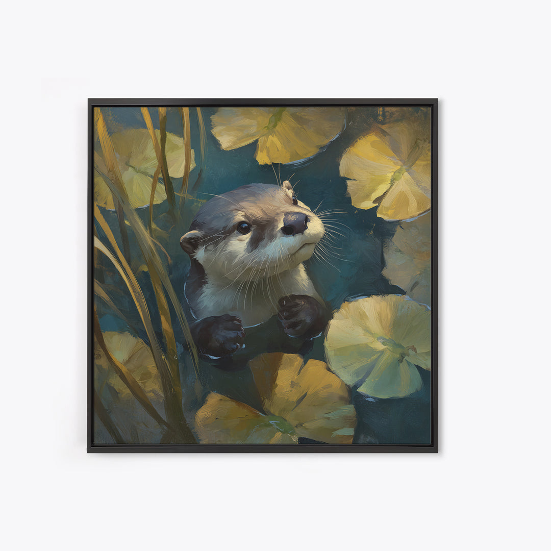 Playful Otter Floating Among Lily Pads Framed Canvas Print, Animal Art, Modern Decor, Living Room Decor, Fine Art, Creature, ANI-1x1-80