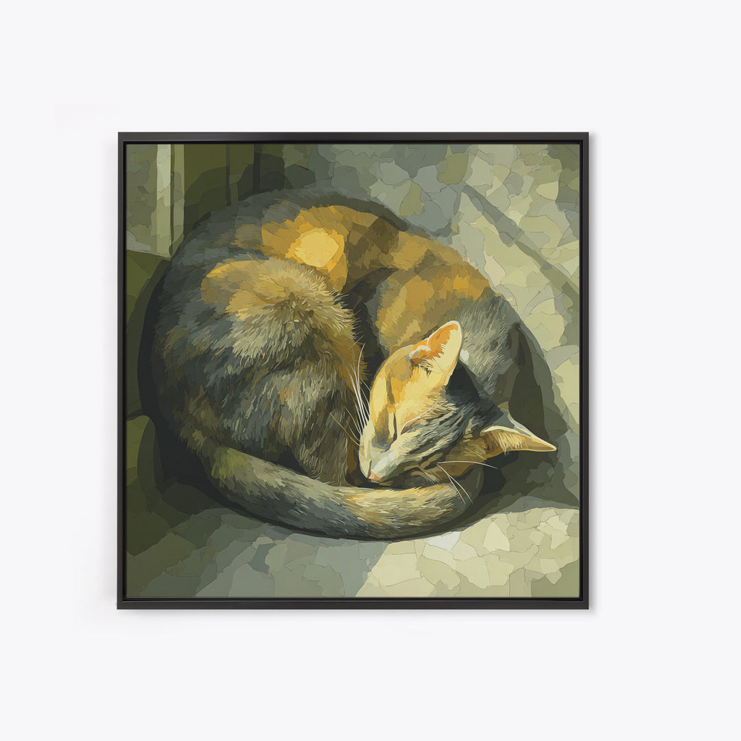 Sleeping Cat Curled Framed Canvas Print, Animal Art, Cat Art, Living Room Decor, Abstract Art, Creature, Art Print, ANI-1x1-84