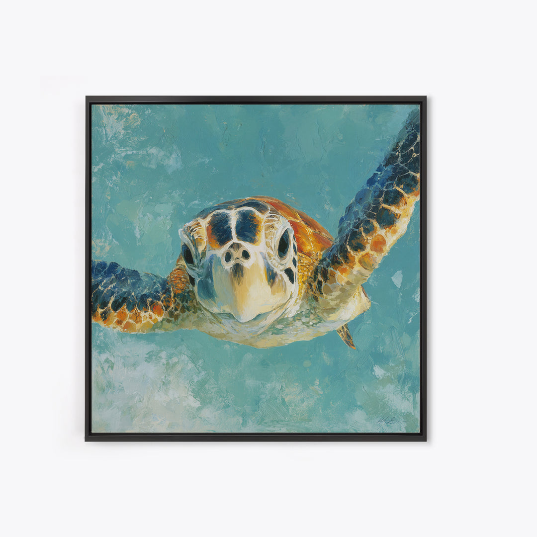 Sea Turtle Drifting Through Luminous Blue Water Canvas Print, Animal Art, Trendy Wall Art, Living Room Decor, Creature, ANI-1x1-90