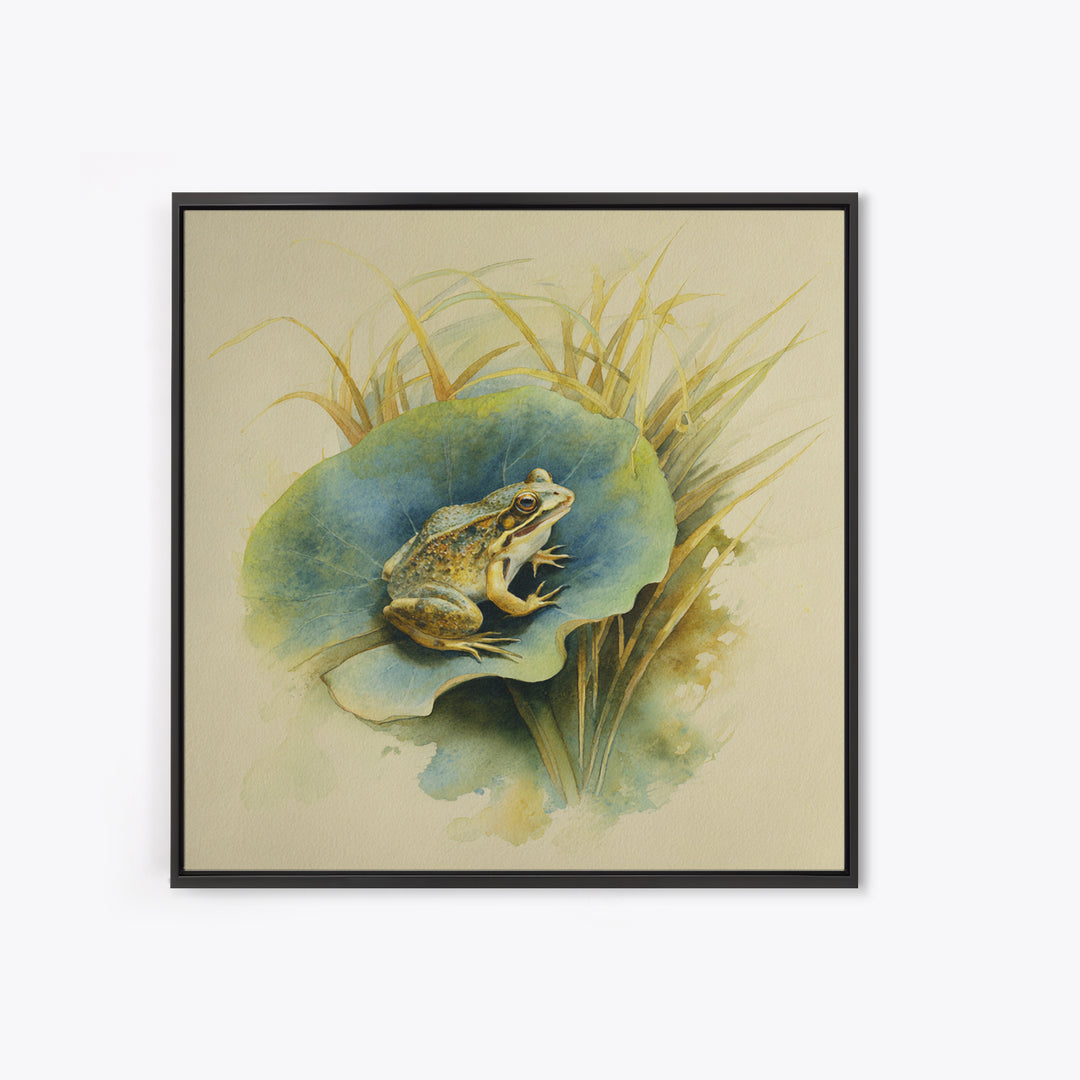 Frog on a Lotus Leaf Canvas Print, Animal Art, Trendy Wall Art, Living Room Decor, Watercolor Art, Creature, Textured Painting, ANI-1x1-92