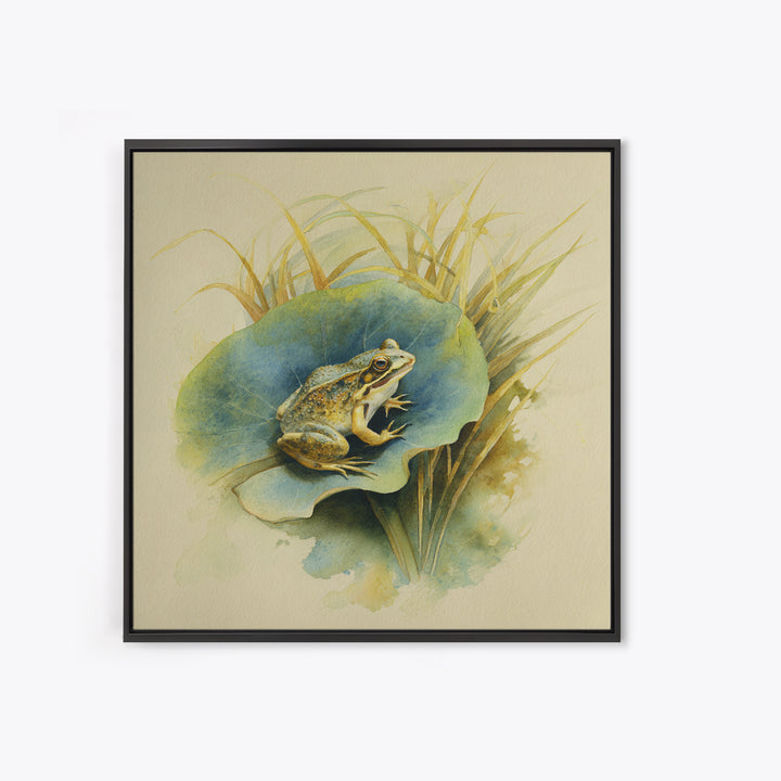 Frog on a Lotus Leaf Canvas Print, Animal Art, Trendy Wall Art, Living Room Decor, Watercolor Art, Creature, Textured Painting, ANI-1x1-92