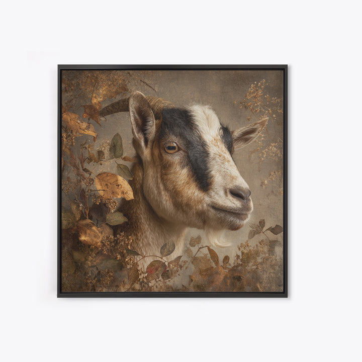 Goat Portrait with Rustic Folk Art Personality Framed Canvas Print, Animal Art, Luxury Decor, Living Room Decor, Oil Painting, ANI-1x1-93