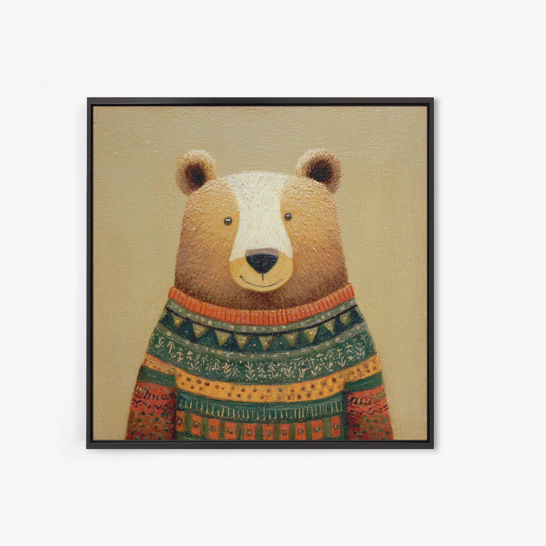 Whimsical Bear in a Patterned Sweater with Canvas Print, Animal Art, Boho Decor, Living Room Decor, Fine Art, Creature, ANI-1x1-98