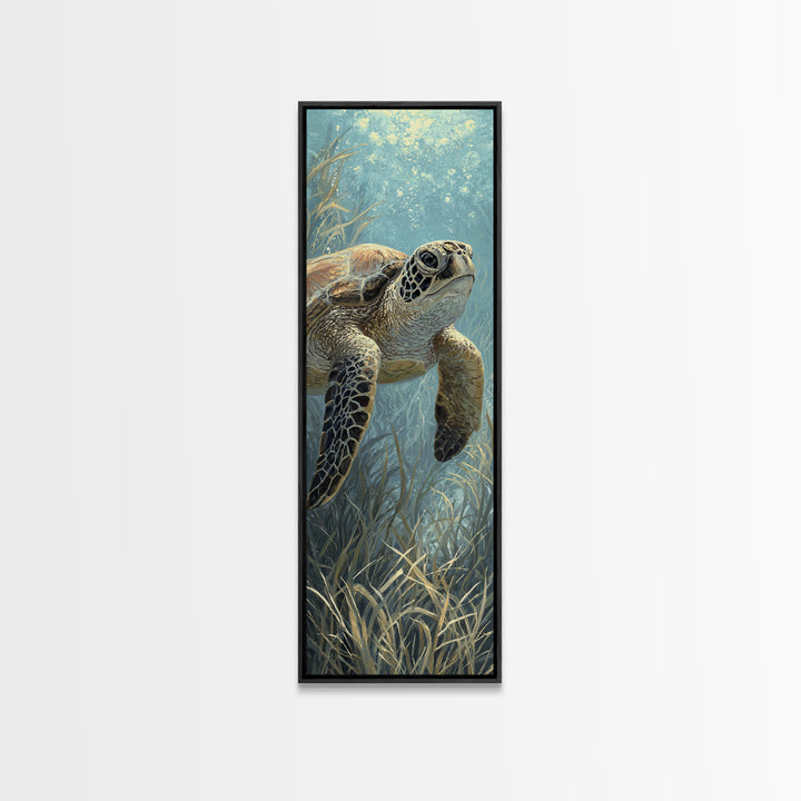 Sea Turtle Drifting Through Luminous Blue Water Canvas Print, Animal Art, Modern Wall Art, Living Room Decor, Creature, ANI-1x3-30