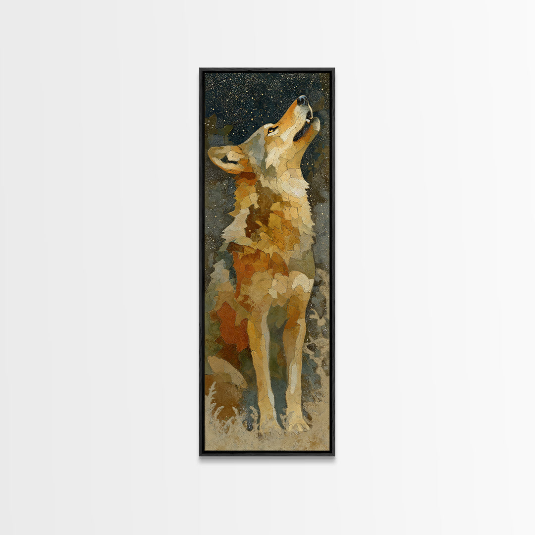 Wolf Silhouette Beneath a Star Filled Sky Framed Canvas Print, Animal Art, Nursery Art, Living Room Decor, Watercolor Art, ANI-1x3-34