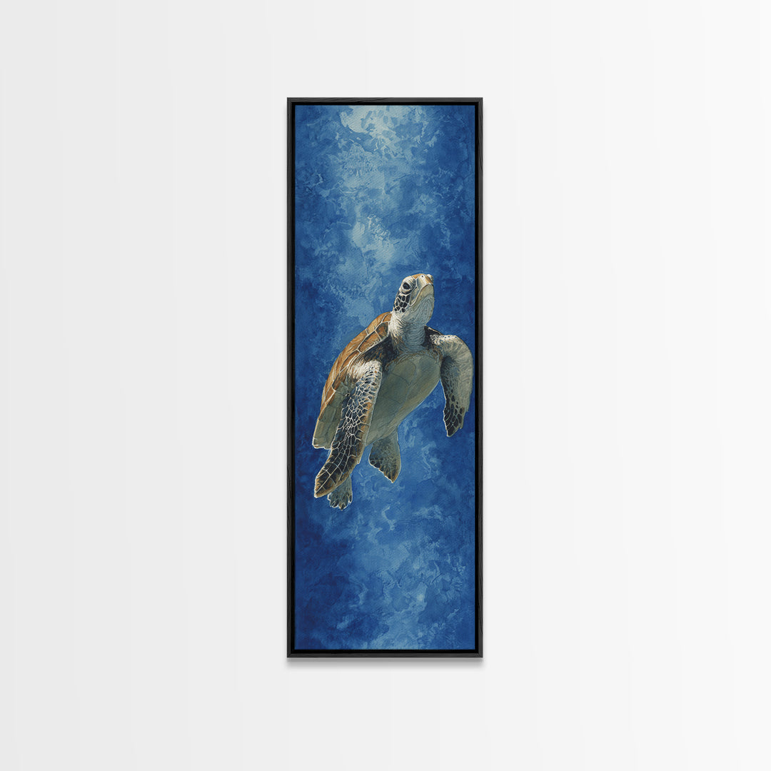 Sea Turtle Drifting Through Luminous Blue Water Canvas Print, Animal Art, Modern Wall Art, Living Room Decor, Creature, ANI-1x3-54
