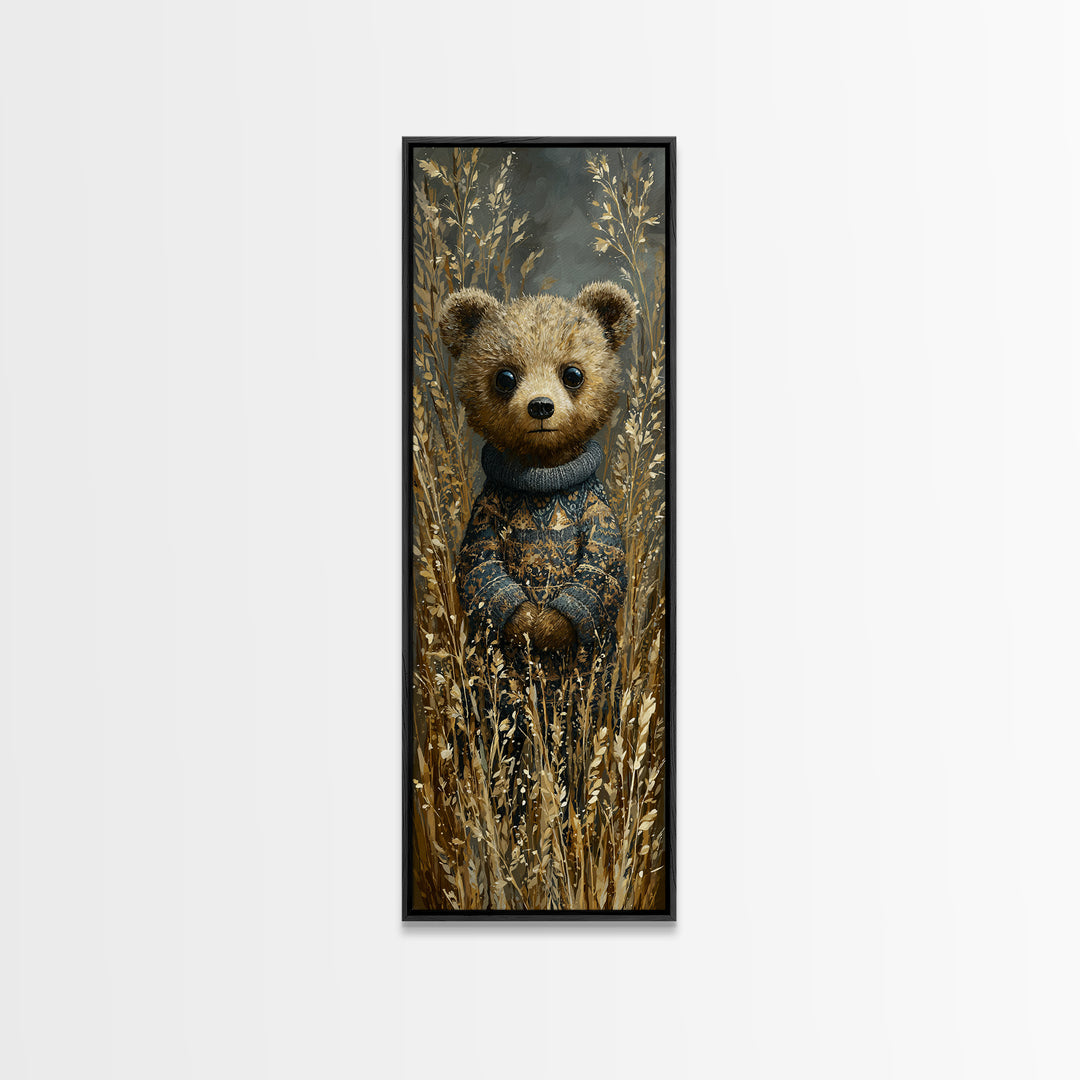 Whimsical Bear in a Patterned Sweater with Framed Canvas Print, Animal Art, Neutral Decor, Living Room Decor, Creature, ANI-1x3-62