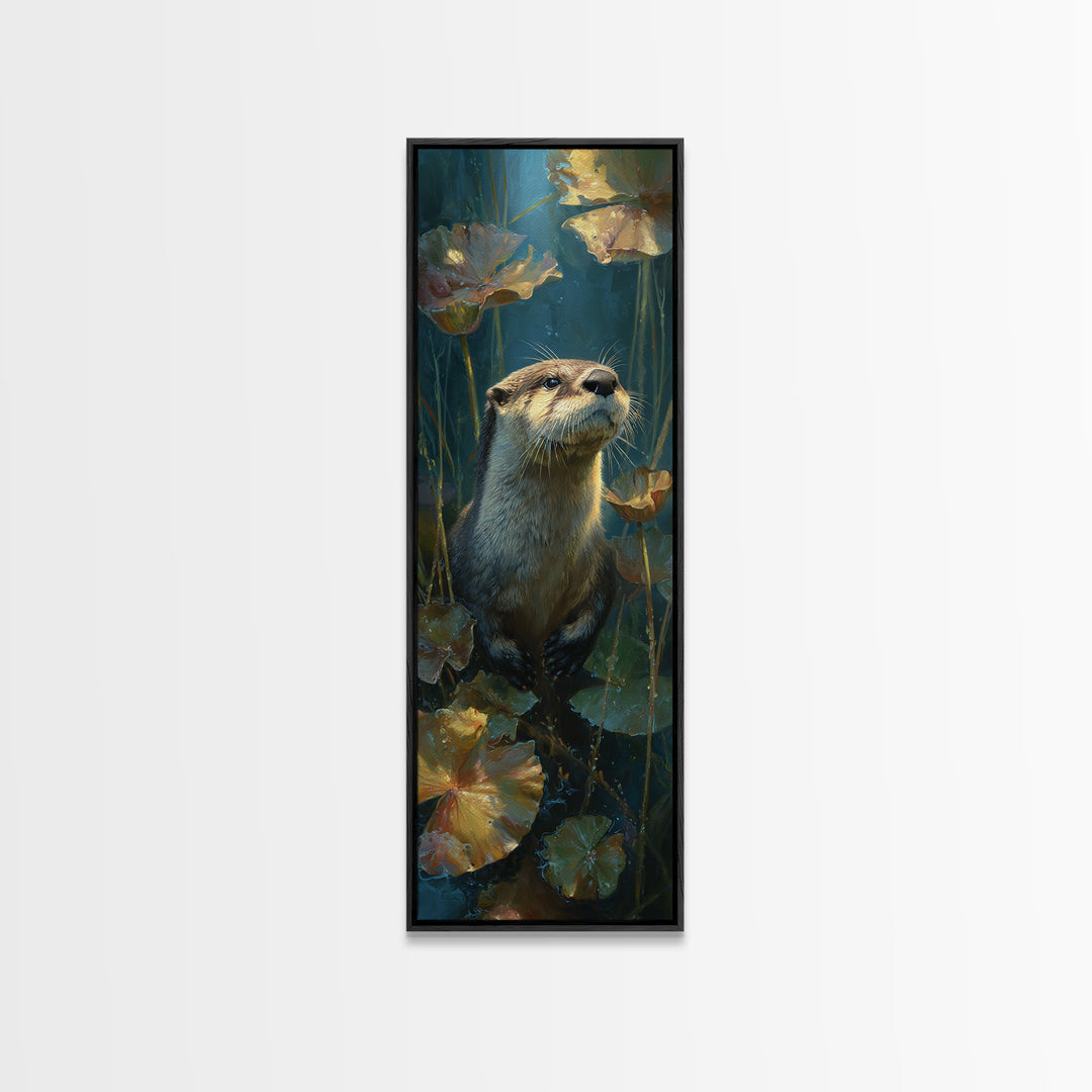 Playful Otter Floating Among Lily Pads Canvas Print, Animal Art, Oil Painting, Living Room Decor, Fine Art, Creature, ANI-1x3-68