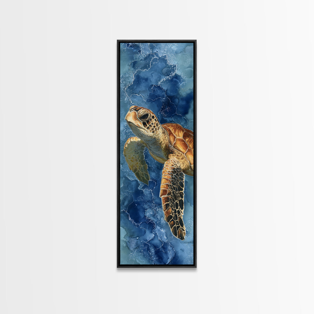 Sea Turtle Drifting Through Luminous Blue Water Canvas Print, Animal Art, Downloadable Art, Living Room Decor, Creature, ANI-1x3-78