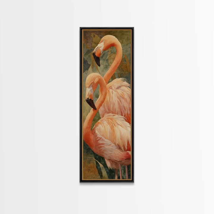 Flamingo Pair in Elegant Coral and Cream Framed Canvas Print, Animal Art, Digital Print, Living Room Decor, Fine Art, Creature, ANI-1x3-79