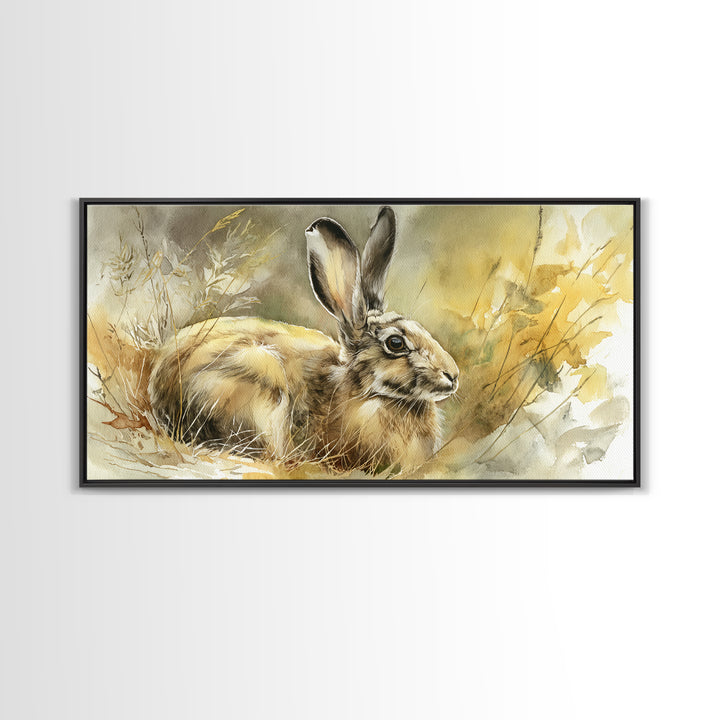 Curious Rabbit in a Soft Watercolor Meadow Framed Canvas Print, Animal Art, Living Room Decor, Oil Painting, Creature, ANI-2x1-1