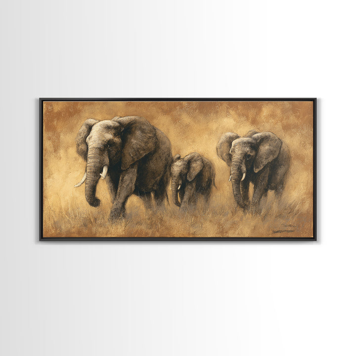 Elephant Family Walking Through Dusty Golden Light Framed Canvas Print, Animal Art, Art Print, Living Room Decor, Creature, ANI-2x1-10