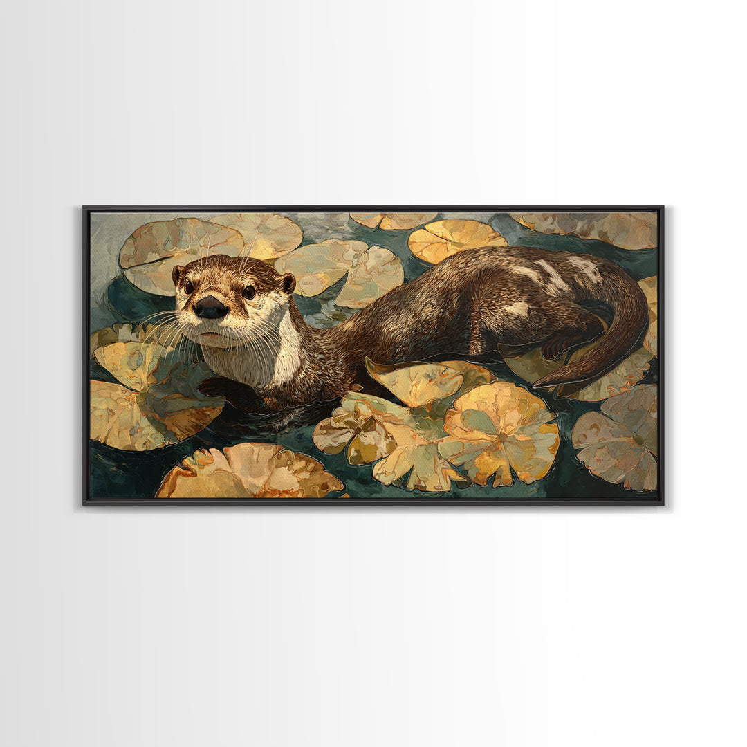 Playful Otter Floating Among Lily Pads Framed Canvas Print, Animal Art, Living Room Decor, Fine Art, Creature, Fine Art Print, ANI-2x1-100
