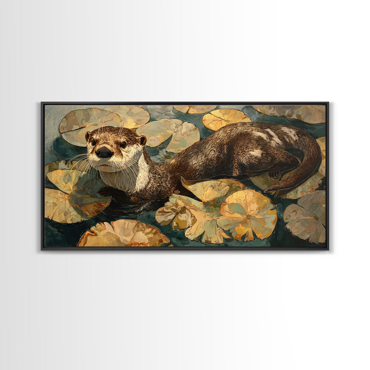 Playful Otter Floating Among Lily Pads Framed Canvas Print, Animal Art, Living Room Decor, Fine Art, Creature, Fine Art Print, ANI-2x1-100