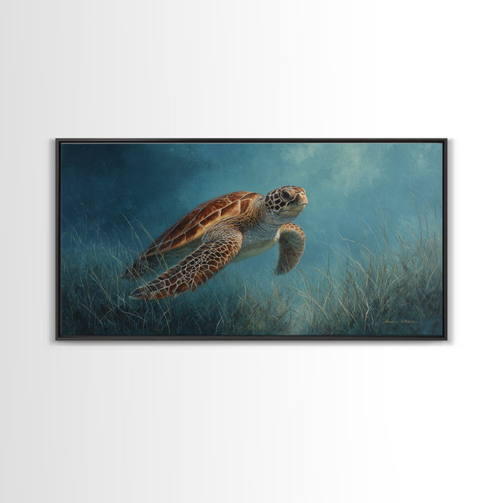 Sea Turtle Drifting Through Luminous Blue Water Canvas Print, Animal Art, Fine Art Print, Living Room Decor, Creature, ANI-2x1-14
