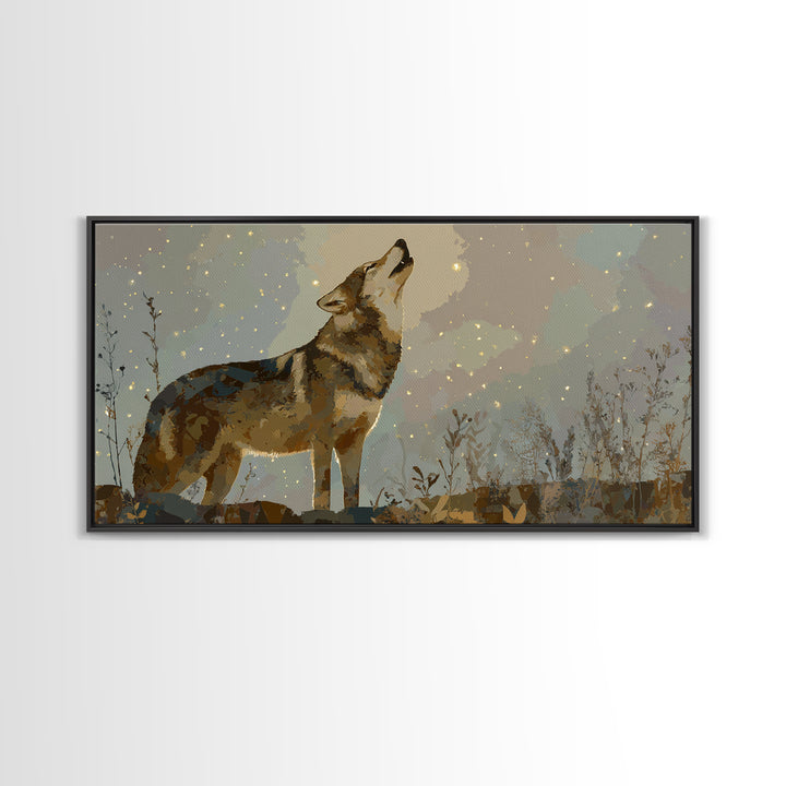Wolf Silhouette Beneath a Star Filled Sky Framed Canvas Print, Animal Art, Statement Artwork, Living Room Decor, Creature, ANI-2x1-18