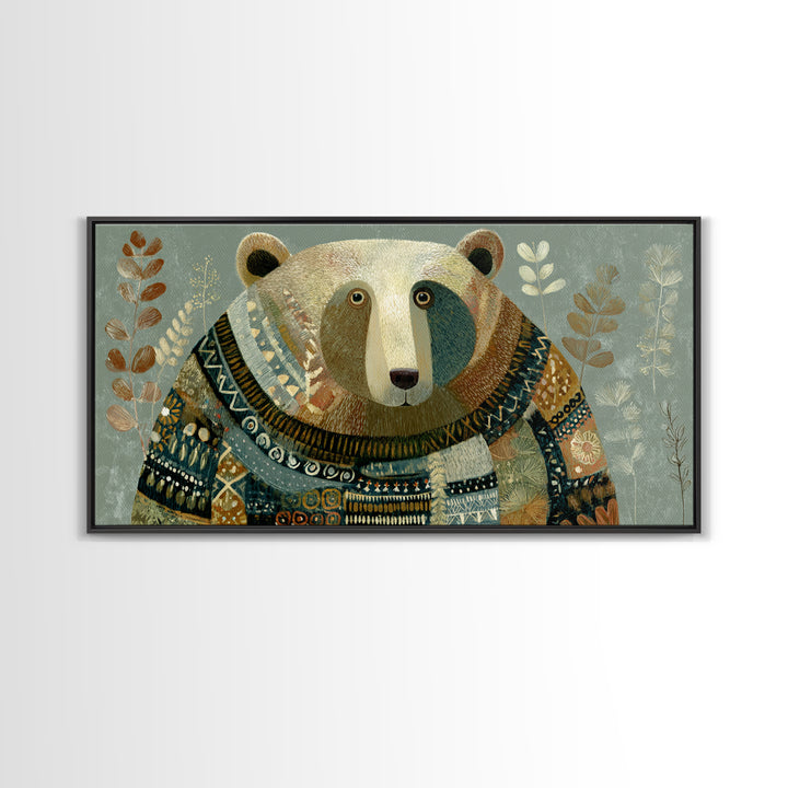 Whimsical Bear in a Patterned Sweater with Canvas Print, Animal Art, Boho Decor, Living Room Decor, Fine Art, Creature, ANI-2x1-22
