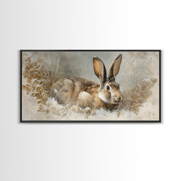 Curious Rabbit in a Soft Watercolor Meadow Framed Canvas Print, Animal Art, Living Room Decor, Oil Painting, Creature, ANI-2x1-25