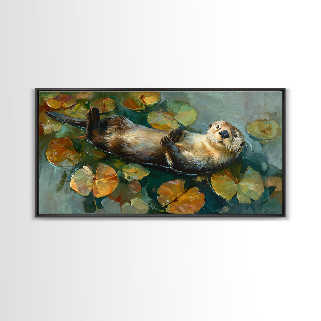 Playful Otter Floating Among Lily Pads Framed Canvas Print, Animal Art, Minimalist Decor, Living Room Decor, Fine Art, Creature, ANI-2x1-28
