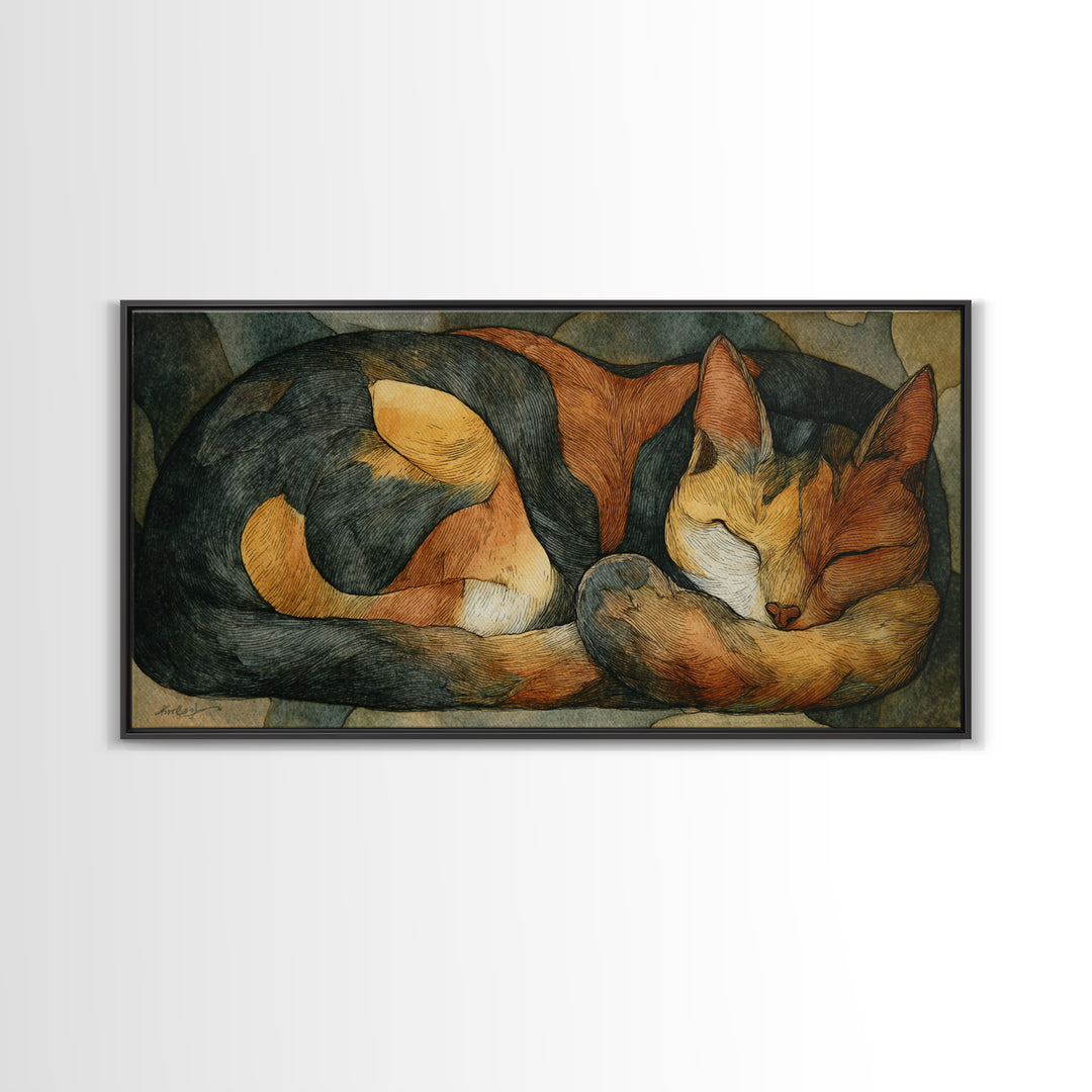 Sleeping Cat Curled Canvas Print, Animal Art, Contemporary Art, Living Room Decor, Oil Painting, Creature, Digital Wall Art, ANI-2x1-32