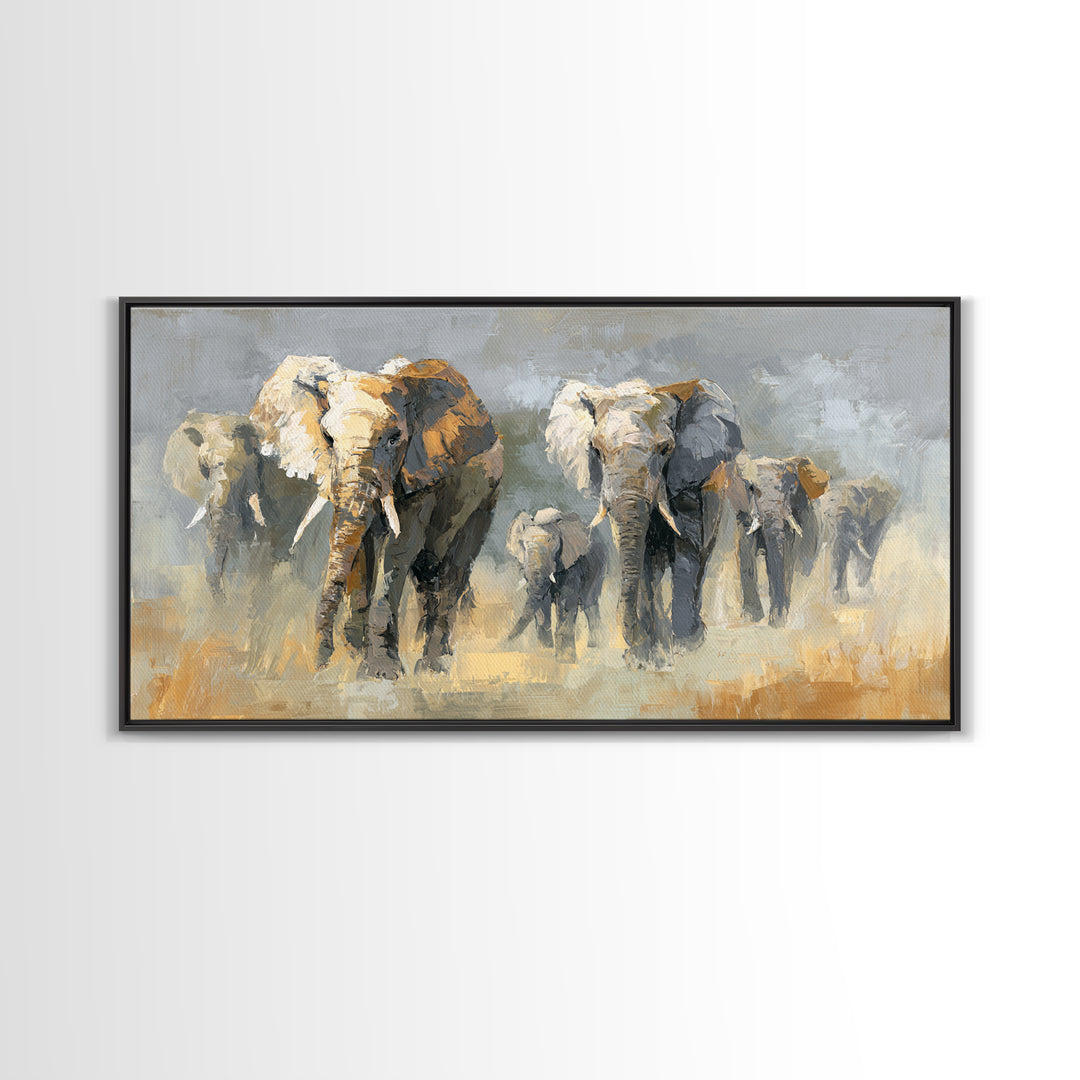 Elephant Family Walking Through Dusty Golden Light Framed Canvas Print, Animal Art, Art Print, Living Room Decor, Creature, ANI-2x1-34