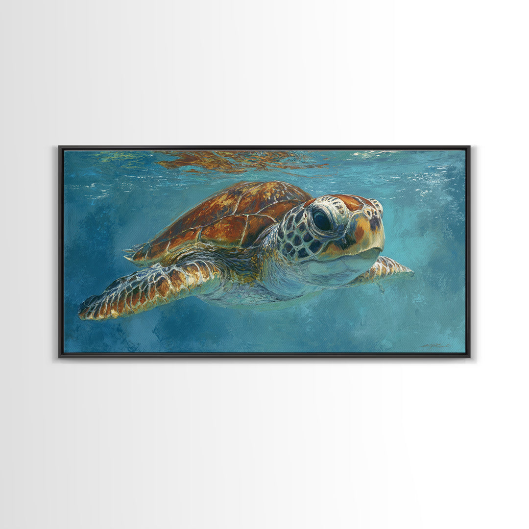 Sea Turtle Drifting Through Luminous Blue Water Canvas Print, Animal Art, Fine Art Print, Living Room Decor, Creature, ANI-2x1-38