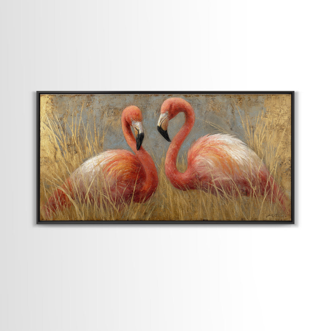 Flamingo Pair in Elegant Coral and Cream Canvas Print, Animal Art, Decor, Living Room Decor, Oil Painting, Creature, ANI-2x1-39