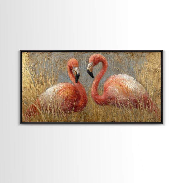 Flamingo Pair in Elegant Coral and Cream Canvas Print, Animal Art, Decor, Living Room Decor, Oil Painting, Creature, ANI-2x1-39