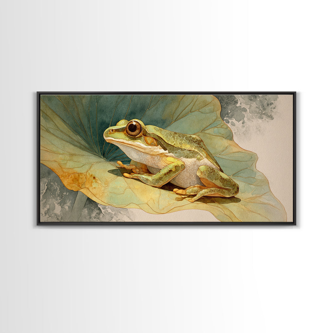 Frog on a Lotus Leaf Framed Canvas Print, Animal Art, Home Decor, Living Room Decor, Fine Art, Creature, Art Deco, Original Art, ANI-2x1-40