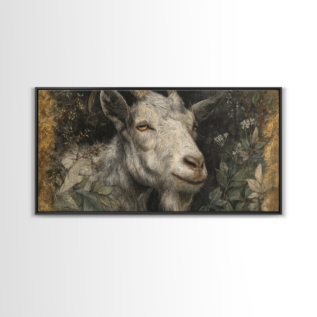 Goat Portrait with Rustic Folk Art Personality Canvas Print, Animal Art, Contemporary Art, Living Room Decor, Creature, ANI-2x1-41