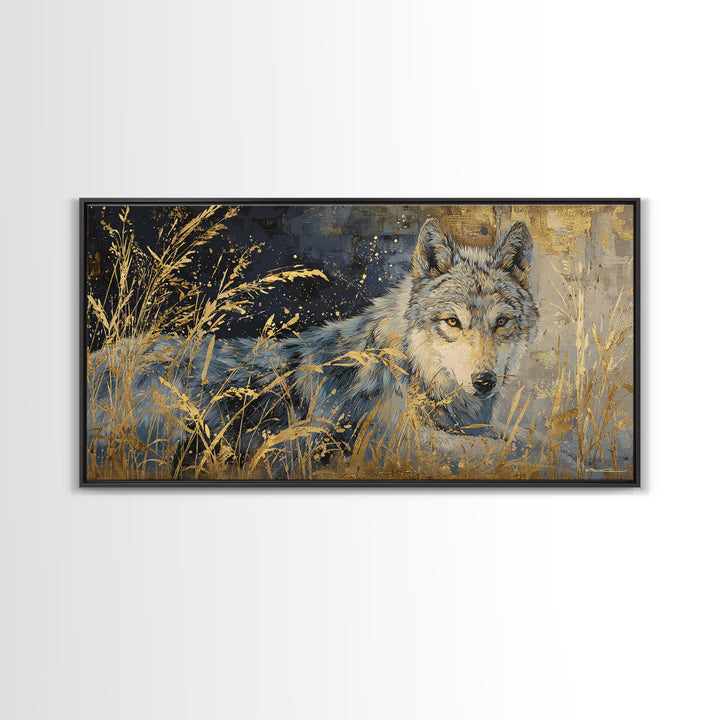 Wolf Silhouette Beneath a Star Filled Sky Framed Canvas Print, Animal Art, Statement Artwork, Living Room Decor, Creature, ANI-2x1-42