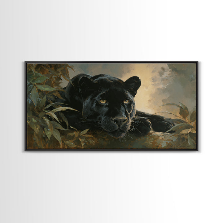 Dramatic Black Panther Emerging from Deep Jungle Canvas Print, Animal Art, Minimalist Decor, Living Room Decor, Creature, ANI-2x1-50