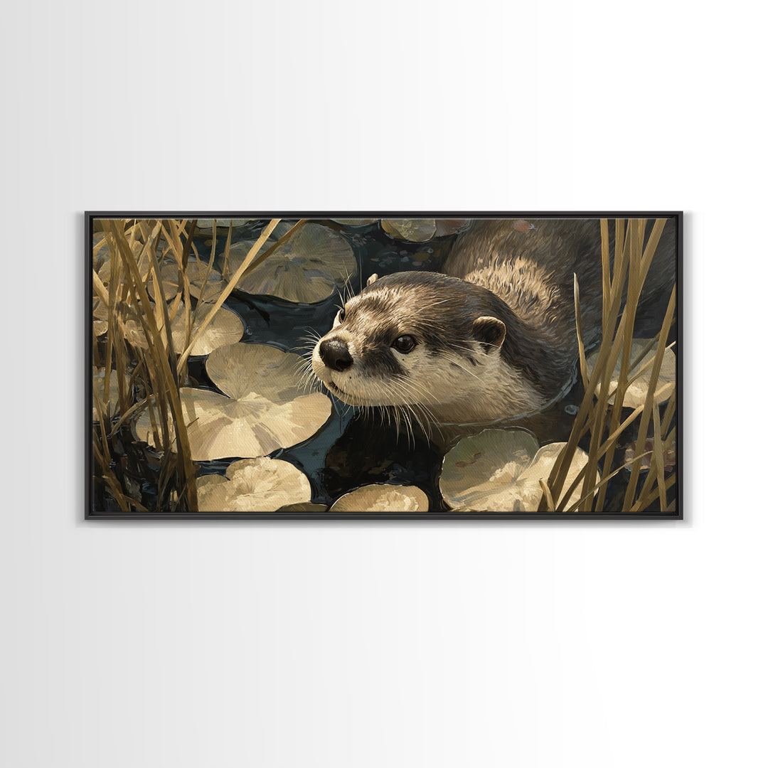 Playful Otter Floating Among Lily Pads Canvas Print, Animal Art, Decor, Living Room Decor, Fine Art, Creature, Digital Print, ANI-2x1-52