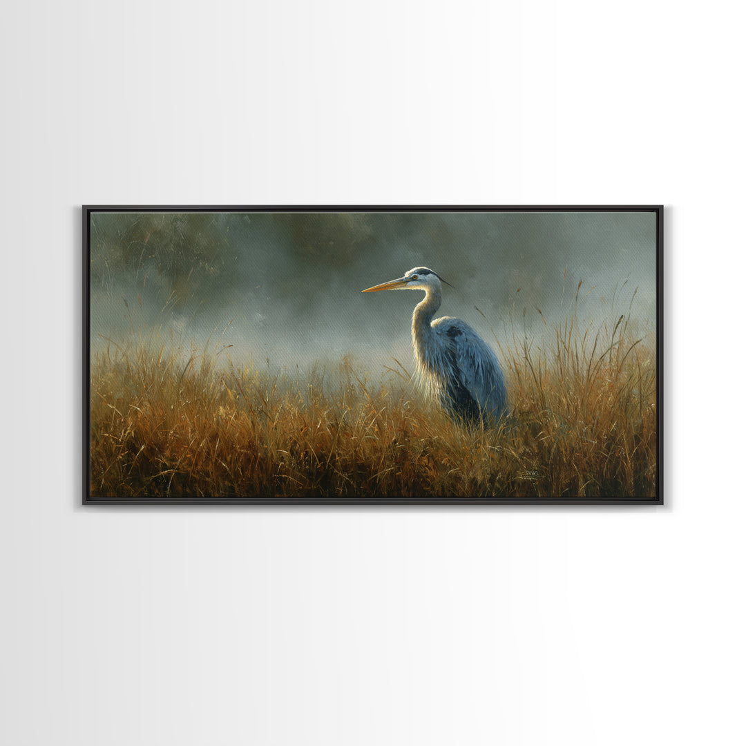 Blue Heron Standing Framed Canvas Print, Animal Art, Art Deco, Living Room Decor, Creature, Cat Art, Safari Nursery Decor, ANI-2x1-55