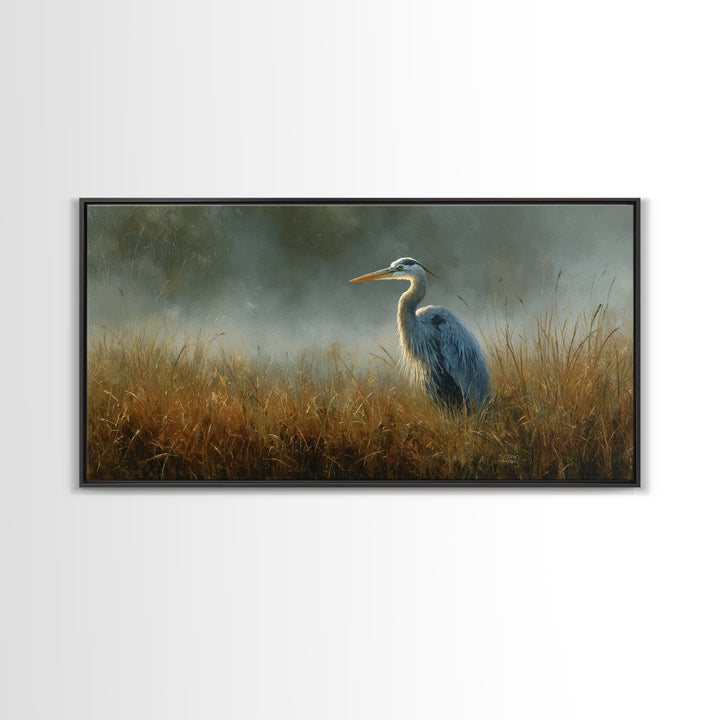 Blue Heron Standing Framed Canvas Print, Animal Art, Art Deco, Living Room Decor, Creature, Cat Art, Safari Nursery Decor, ANI-2x1-55