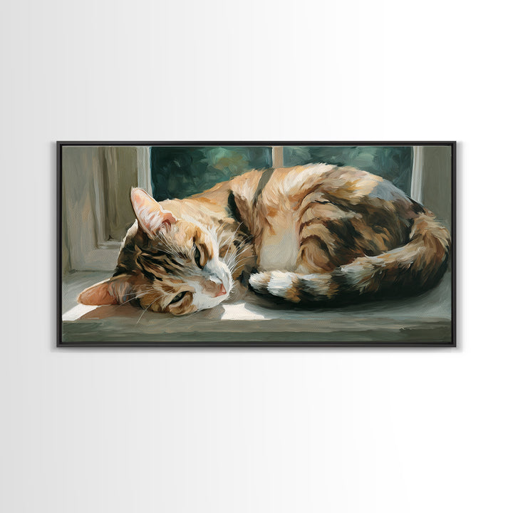 Sleeping Cat Curled Framed Canvas Print, Animal Art, Digital Prints, Living Room Decor, Fine Art, Creature, Printable Art, ANI-2x1-56