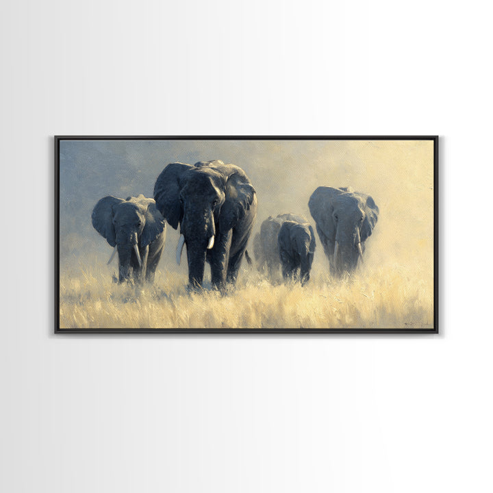 Elephant Family Walking Through Dusty Golden Light Canvas Print, Animal Art, Wall Art, Living Room Decor, Fine Art, Creature, ANI-2x1-58